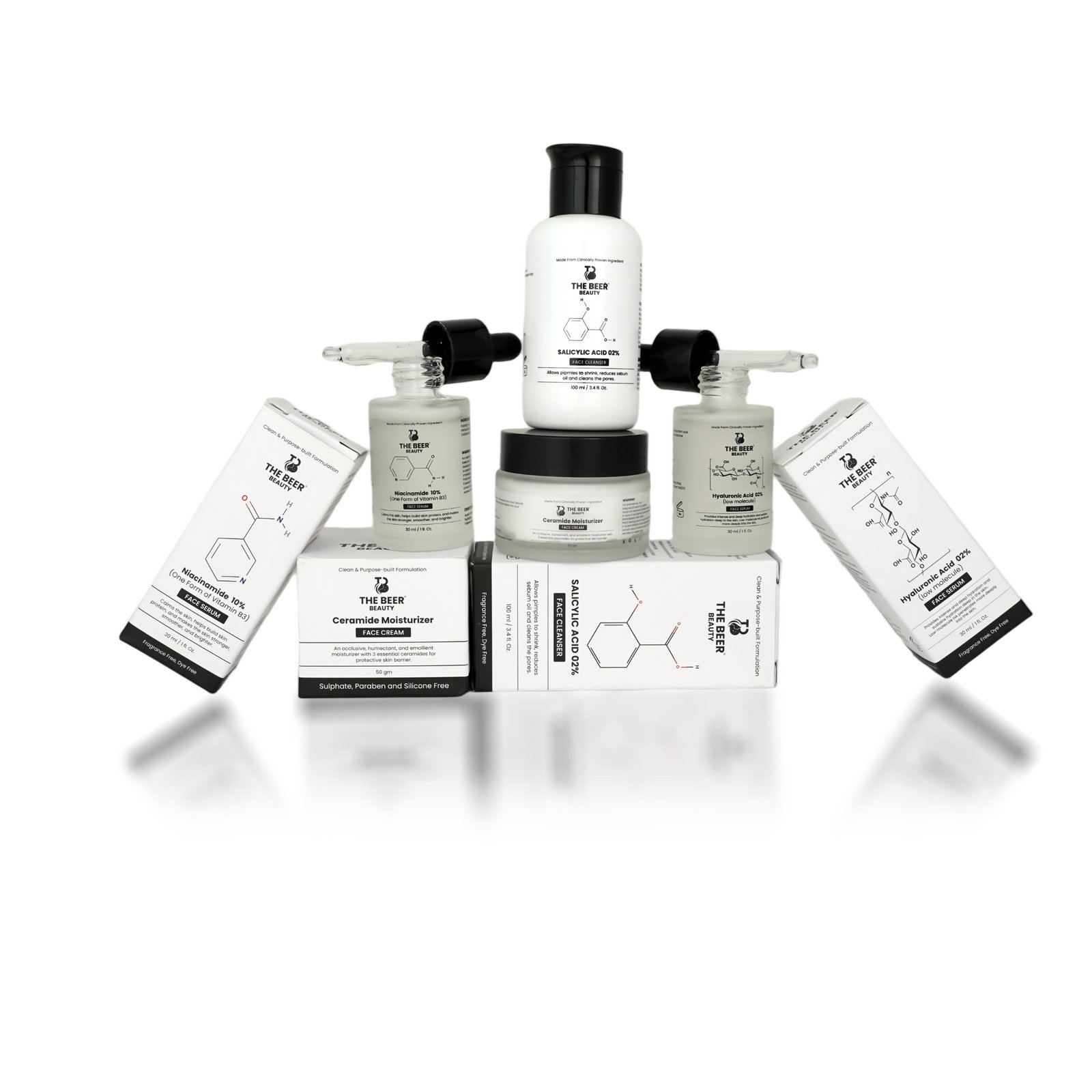4-step skincare routine with salicylic acid, niacinamide, hyaluronic acid, and ceramide moisturizer by The Beer Beauty